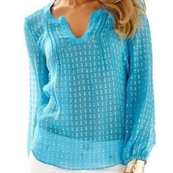 Lilly Pulitzer Colby‎ Top in Ariel Blue gold size M shimmer sparkle sheer silk - Picture 1 of 9